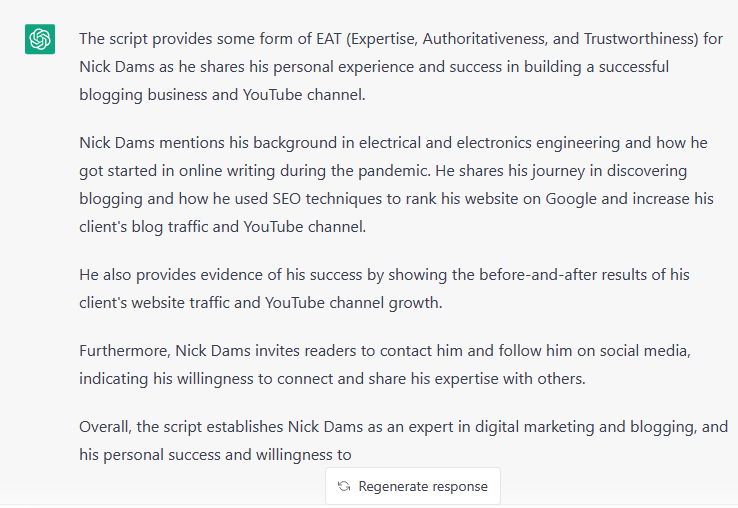 ChatGPT response to damshustle present about page
