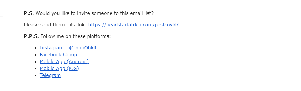 Email list building strategy used by John Obidi of Headstart Africa